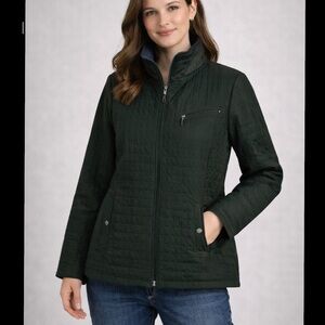 St.John’s Bay Black/Green Quilted Crop Neck Snap Waist Zip Jacket Size XL